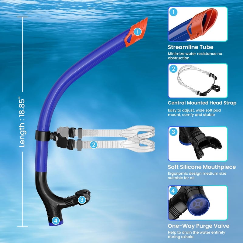 wutrye Swimmer's Snorkel for Lap Swimming, Adult Snorkeling Gear Swim Training, Center-Mount Silicone Mouthpiece One-Way Purge Valve in Pool and Open Water - Image 5